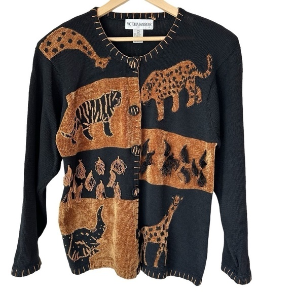 Victoria Harbour Sweaters - Safari Jungle Animals Long Sleeve Vintage Cardigan Sweater, Large